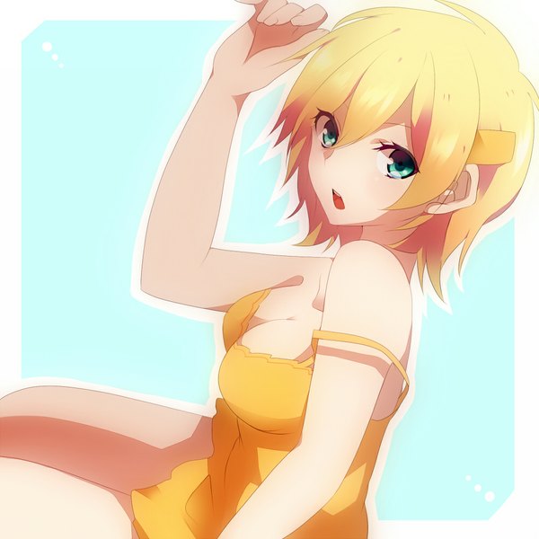 Anime picture 1000x1000 with original takeshima eku single short hair breasts open mouth light erotic blonde hair green eyes cleavage strap slip girl