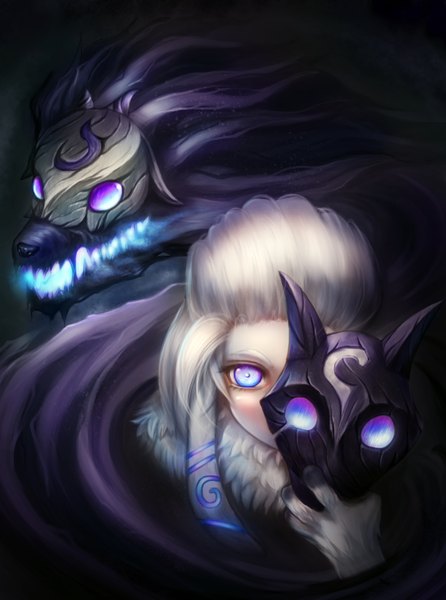 Anime picture 2204x2962 with league of legends kindred (league of legends) lamb (league of legends) y.c.cheng long hair tall image looking at viewer highres short hair blue eyes black hair purple eyes white hair fang (fangs) multicolored eyes girl animal mask wolf