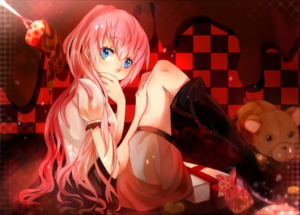 Anime picture 1256x902 with vocaloid megurine luka norichi zu single long hair blue eyes pink hair valentine checkered girl food toy stuffed animal gift berry (berries) strawberry
