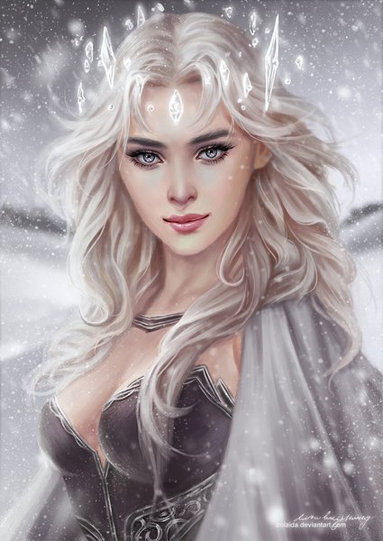 Anime picture 743x1050 with zolaida (artist) single long hair tall image looking at viewer breasts white hair lips realistic silver eyes girl cloak