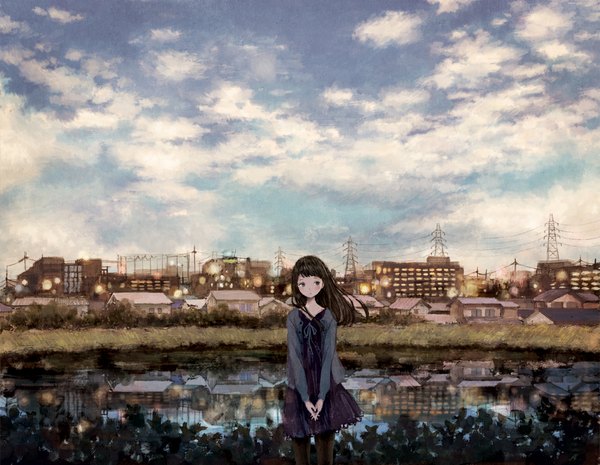 Anime picture 1000x776 with original yuuko (nora0x0) single long hair fringe brown hair standing looking away sky cloud (clouds) city reflection scenic lake girl plant (plants) pantyhose jacket building (buildings) grass