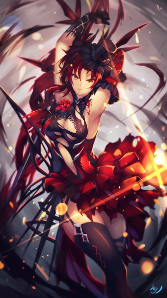 Anime picture 2122x3772 with honkai impact 3rd benghuai xueyuan honkai (series) murata himeko luo qingyu single long hair tall image looking at viewer fringe highres light erotic yellow eyes bent knee (knees) red hair arms up sparkle torn clothes center opening girl