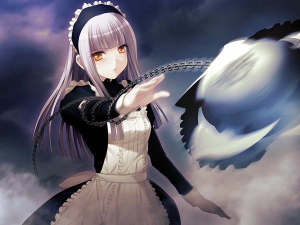 Anime picture 1024x768 with carnevale della luce della luna nitroplus perla yellow eyes game cg silver hair maid girl