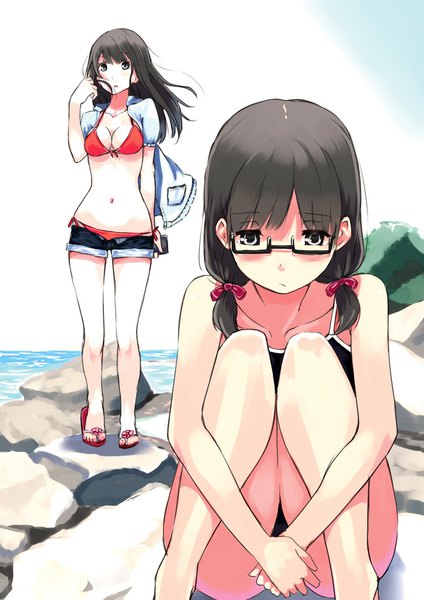 Anime picture 751x1063 with original asterism long hair tall image breasts blue eyes light erotic black hair sitting twintails multiple girls cleavage wind low twintails leg hug girl 2 girls swimsuit bikini glasses