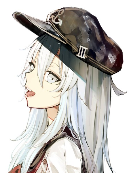 Anime picture 900x1203 with kantai collection hibiki destroyer somalisu single tall image looking at viewer fringe open mouth simple background hair between eyes white background silver hair upper body profile teeth silver eyes girl uniform hat serafuku