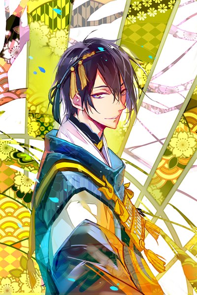Anime picture 1000x1500 with touken ranbu nitroplus mikazuki munechika niaoniao single tall image looking at viewer short hair black hair smile purple eyes traditional clothes from above boy hair ornament