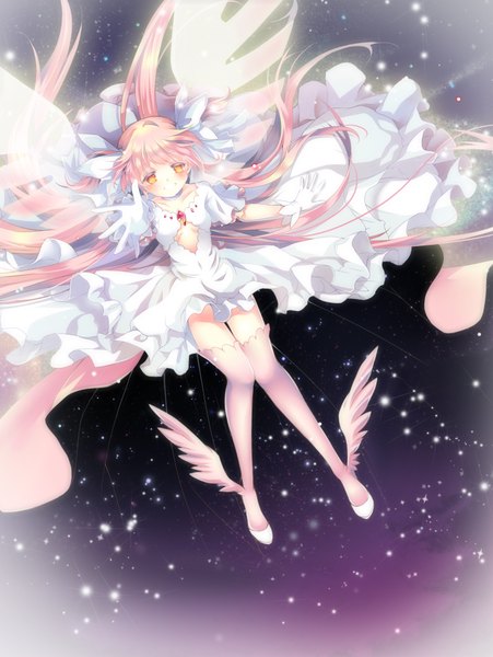 Anime picture 1498x1990 with mahou shoujo madoka magica shaft (studio) kaname madoka goddess madoka sian (jred344) single tall image looking at viewer blush smile twintails brown eyes pink hair very long hair outstretched arm space magical girl starry sky print girl dress
