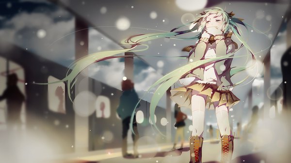 Anime picture 1700x955 with vocaloid hatsune miku pudding (8008208820) long hair blush wide image twintails looking away sky cloud (clouds) aqua eyes blurry aqua hair depth of field snowing winter covering covering face cold girl