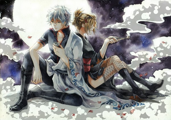 Anime picture 3487x2456 with gintama sunrise (studio) sakata gintoki tsukuyo (gintama) highres short hair blue eyes blonde hair smile sitting absurdres sky white hair traditional clothes japanese clothes night crossed legs cherry blossoms smoking back to back