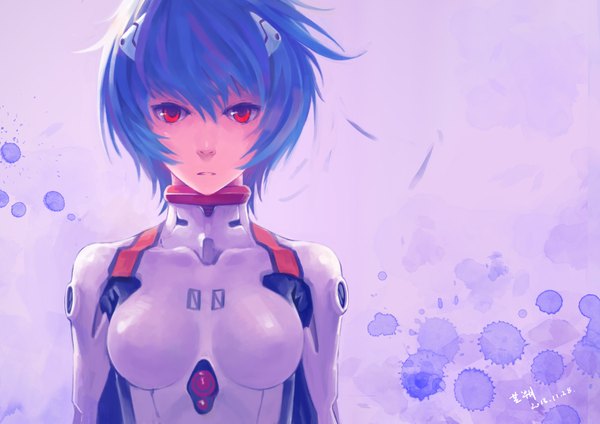 Anime picture 1600x1131 with neon genesis evangelion rebuild of evangelion evangelion: 2.0 you can (not) advance evangelion: 3.0 you can (not) redo gainax ayanami rei tyc001x single looking at viewer fringe short hair simple background red eyes signed blue hair girl pilot suit