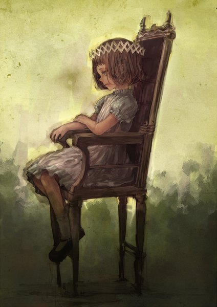 Anime picture 1060x1500 with alice in wonderland alice (wonderland) dohi (bonno) single tall image short hair brown hair sitting loli girl dress chair crown throne