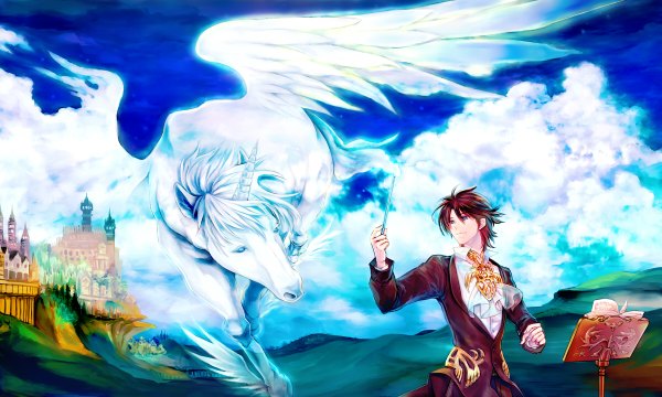Anime picture 1200x720 with original yueto short hair blue eyes brown hair wide image standing sky cloud (clouds) red hair horn (horns) light smile landscape music boy shirt wings pendant jewelry suit
