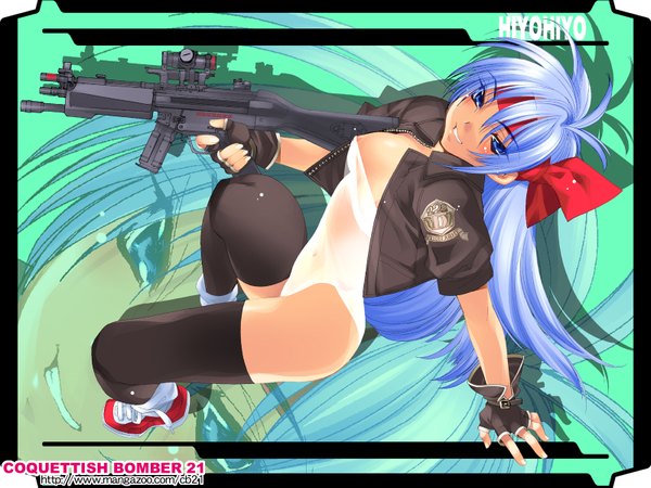 Anime picture 1600x1200 with highres blue eyes blue hair thighhighs gun mp5