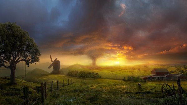 Anime picture 1459x821 with original philipstraub (artist) wide image sky cloud (clouds) evening sunset no people landscape panorama meadow plant (plants) animal tree (trees) grass sun fence house windmill cow