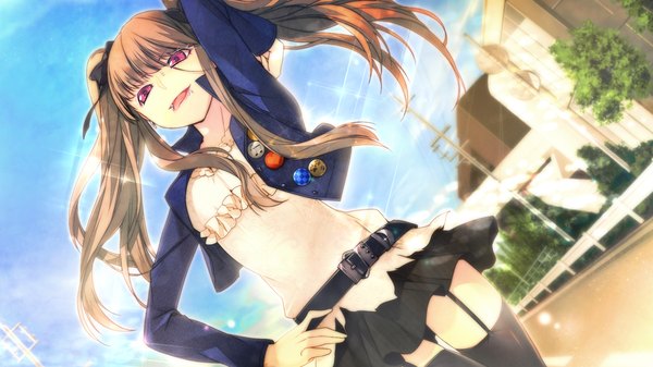 Anime picture 2048x1152 with negai no kakera to hakugin no agreement manyako (mohumohu) single long hair highres red eyes brown hair wide image twintails game cg piercing :p girl thighhighs dress bow black thighhighs hair bow belt tongue