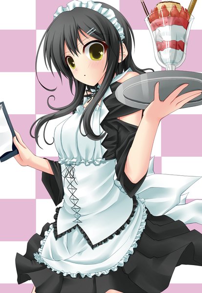 Anime picture 690x1000 with kaichou wa maid-sama! ayuzawa misaki shouyan single long hair tall image looking at viewer blush black hair yellow eyes maid checkered checkered background girl dress food headdress sweets maid headdress ice cream