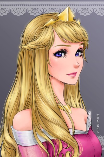 Anime picture 2000x3000 with sleeping beauty aurora (sleeping beauty) mari945 single long hair tall image looking at viewer fringe highres blonde hair simple background purple eyes bare shoulders signed upper body light smile lips grey background lipstick portrait