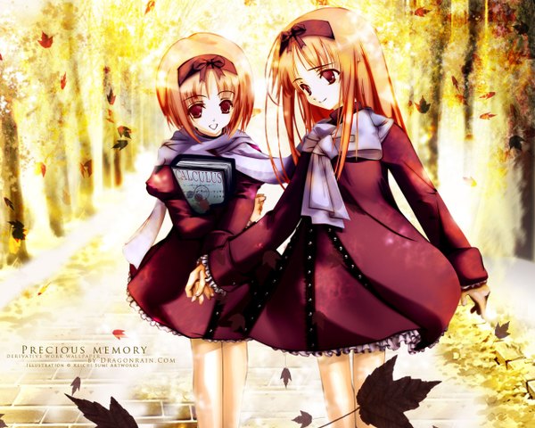 Anime picture 1280x1024 with present pretty mizuha (present pretty) otoha (present pretty) sumi keiichi long hair short hair smile brown hair multiple girls holding brown eyes outdoors holding hands third-party edit twins shared scarf girl dress 2 girls hairband