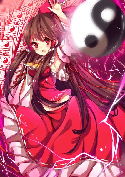 Anime picture 800x1129 with touhou hakurei reimu kazucha single long hair tall image blush open mouth red eyes brown hair looking up yin yang girl skirt bow hair bow detached sleeves skirt set