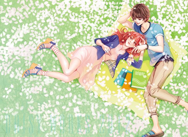Anime picture 1268x925 with original daisy (artist) blush fringe short hair open mouth red eyes brown hair brown eyes bent knee (knees) lying light smile from above arm support couple on side reclining girl dress boy