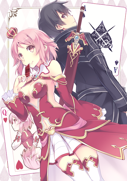 Anime picture 1226x1748 with sword art online a-1 pictures kirigaya kazuto lisbeth furumiya haiji tall image looking at viewer blush fringe short hair breasts black hair smile pink hair pink eyes looking back black eyes wide sleeves back to back naughty face