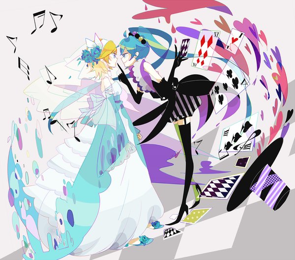 Anime picture 1200x1058 with vocaloid hatsune miku kagamine rin hako (swimjelly) multiple girls ponytail hair flower finger to mouth girl thighhighs dress hair ornament flower (flowers) black thighhighs 2 girls hat heart card (cards) veil musical note