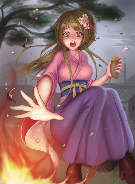 Anime picture 1200x1637 with eliskalti single long hair tall image breasts open mouth ponytail traditional clothes japanese clothes hair flower orange eyes dark hair girl hair ornament flower (flowers)