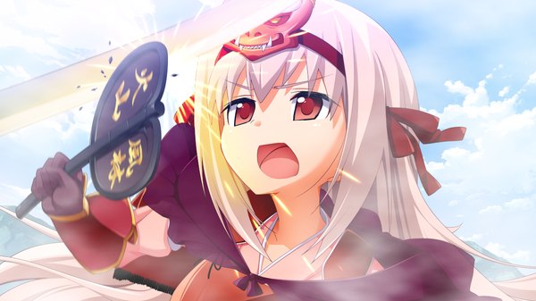 Anime picture 1280x720 with sengoku hime 4 long hair open mouth red eyes wide image game cg white hair traditional clothes battle girl