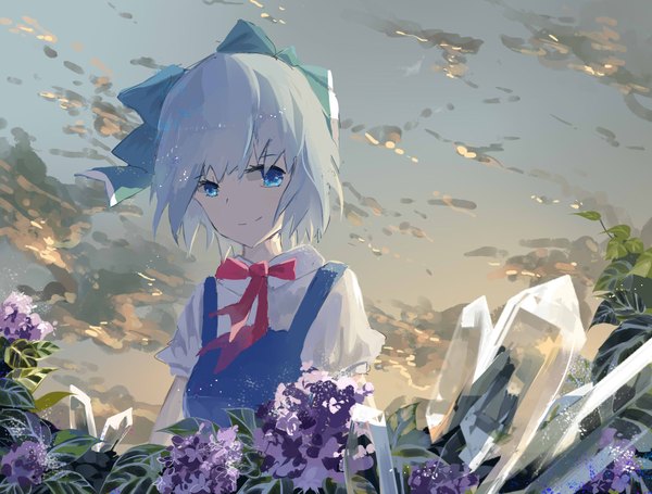 Anime picture 2048x1556 with touhou cirno jingmian fanshe single looking at viewer highres short hair blue eyes smile sky cloud (clouds) grey hair girl dress flower (flowers) bow ribbon (ribbons) plant (plants) hair bow