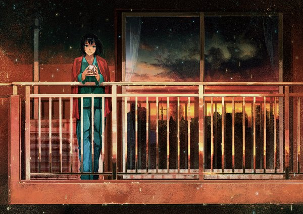 Anime picture 2263x1600 with original gemi single fringe highres short hair black hair standing brown eyes looking away sky cloud (clouds) outdoors evening reflection sunset rain twilight girl plant (plants)