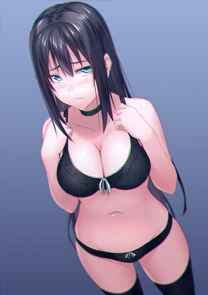Anime picture 707x1000 with original kai (link2262) single long hair tall image looking at viewer blush breasts blue eyes light erotic black hair girl thighhighs navel underwear panties black thighhighs lingerie bra
