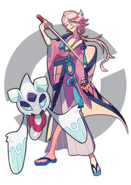 Anime picture 600x848 with pokemon touken ranbu nintendo nitroplus souza samonji froslass ppo-p long hair tall image looking at viewer open mouth blue eyes simple background white background pink hair full body traditional clothes japanese clothes crossover gen 4 pokemon