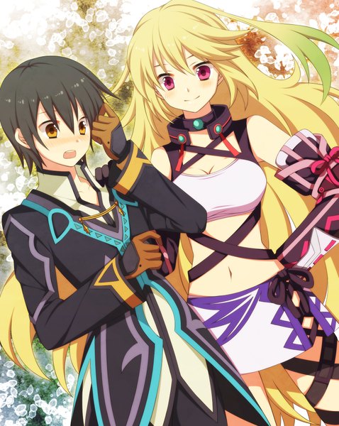 Anime picture 1593x2000 with tales of (series) tales of xillia milla maxwell jude mathis ayamisiro long hair tall image blush short hair open mouth black hair blonde hair yellow eyes pink eyes couple girl boy gloves navel