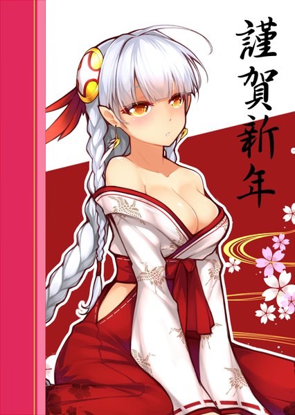Anime picture 1240x1748 with puzzle & dragons valkyrie (p&d) dean single long hair tall image blush fringe light erotic bare shoulders looking away silver hair ahoge traditional clothes japanese clothes orange eyes new year nengajou girl kimono