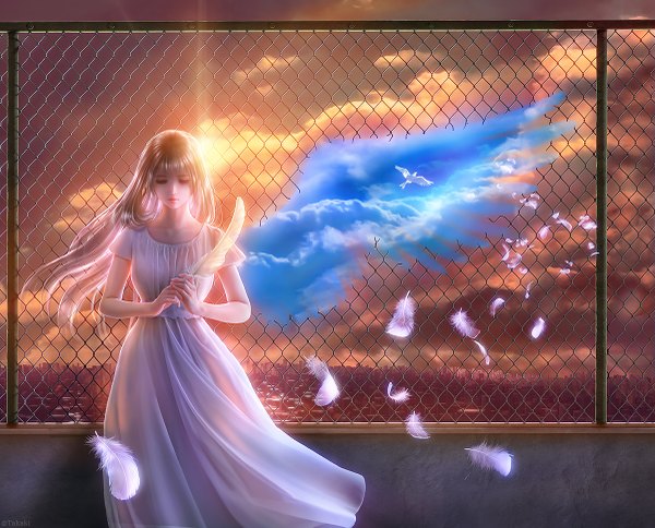 Anime picture 1200x969 with original takashi mare single long hair blonde hair sky cloud (clouds) eyes closed evening sunset girl dress animal wings bird (birds) feather (feathers) fence pigeon