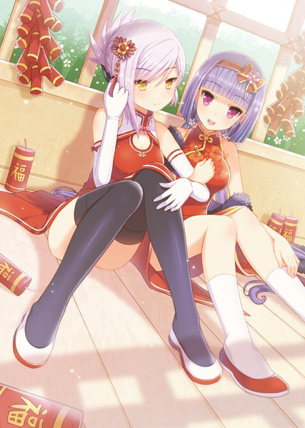Anime picture 1600x2247 with star yao school guang ying hatsushimo kaworu tall image fringe short hair breasts light erotic sitting purple eyes yellow eyes purple hair bent knee (knees) indoors blunt bangs traditional clothes head tilt chinese clothes floor