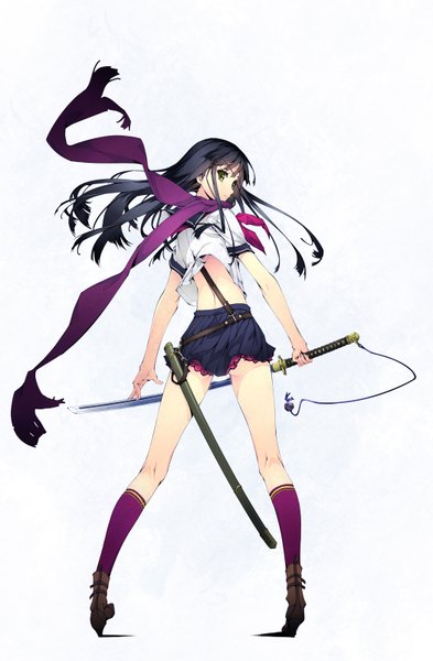 Anime picture 1050x1600 with original murakami suigun single long hair tall image looking at viewer fringe light erotic black hair simple background standing white background green eyes pleated skirt looking back wind from behind high heels bare back revision