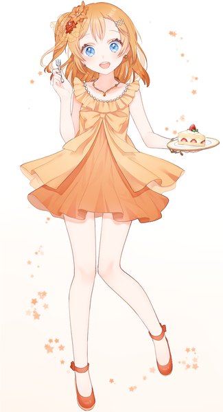 Anime picture 780x1440 with love live! school idol project sunrise (studio) love live! kousaka honoka marin (myuy 3) single tall image looking at viewer blush short hair open mouth blue eyes simple background white background orange hair one side up girl dress hair ornament sweets