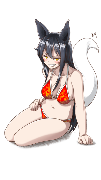 Anime picture 720x1280 with league of legends ahri (league of legends) single long hair tall image blush light erotic black hair smile animal ears yellow eyes tail animal tail arm support hand on hip fox ears facial mark fox tail whisker markings smirk