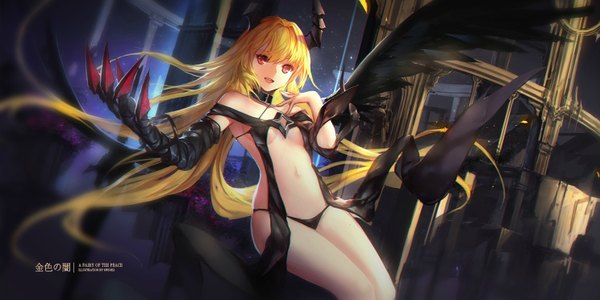 Anime picture 1488x744 with toloveru toloveru darkness xebec konjiki no yami swd3e2 single looking at viewer open mouth light erotic blonde hair red eyes wide image very long hair horn (horns) girl navel underwear panties wings