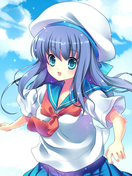 Anime picture 900x1200 with original nametakenoko single long hair tall image blush open mouth blue eyes blue hair girl serafuku beret