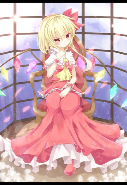 Anime picture 1299x1887 with touhou flandre scarlet aibumi tall image blush short hair blonde hair red eyes girl skirt petals wings skirt set crystal