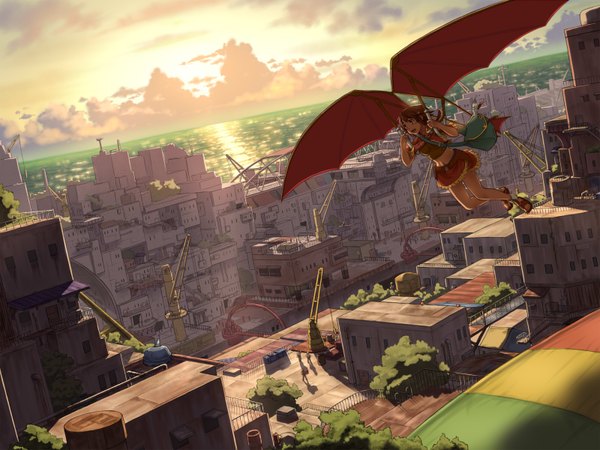 Anime picture 1600x1200 with suisei no gargantia production i.g amy (suisei no gargantia) blush short hair open mouth blue eyes brown hair sky cloud (clouds) city evening sunset horizon flying skirt plant (plants) miniskirt wings tree (trees)