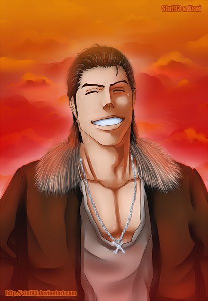 Anime picture 1024x1484 with bleach studio pierrot ginjou kuugo staf93 single tall image short hair black hair smile sky cloud (clouds) eyes closed coloring boy fur
