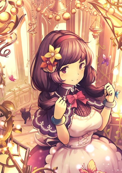 Anime picture 1200x1700 with original gogatsu no renkyuu long hair tall image looking at viewer blush fringe smile brown hair purple eyes twintails payot indoors hair flower from above low twintails holding hair girl flower (flowers) bow