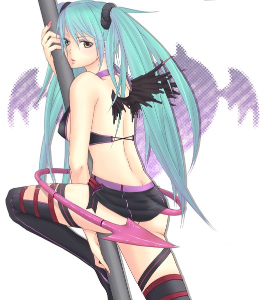 Anime picture 1600x1800 with vocaloid sweet devil (vocaloid) hatsune miku single long hair tall image blush light erotic simple background twintails bare shoulders tail nail polish aqua hair demon tail girl thighhighs skirt wings