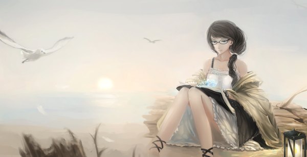 Anime picture 2496x1280 with original kikivi single long hair highres black hair wide image sitting brown eyes braid (braids) girl dress animal glasses bird (birds) book (books)