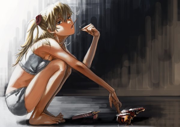 Anime picture 1200x848 with neon genesis evangelion gainax soryu asuka langley eva 02 lamchun (2006) looking at viewer fringe breasts blue eyes blonde hair bare shoulders barefoot mouth hold shorts sweets short shorts pocky