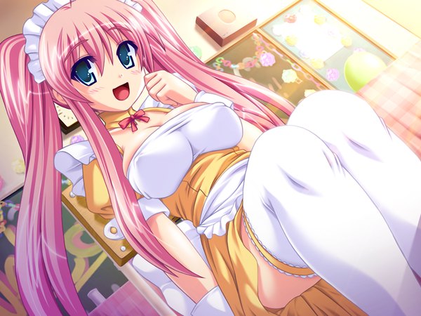 Anime picture 1200x900 with gakuen shinsengumi (game) breasts blue eyes light erotic pink hair game cg waitress girl thighhighs