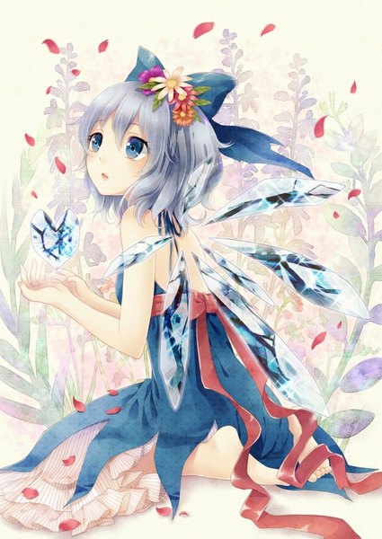 Anime picture 608x859 with touhou cirno nunucco single tall image short hair blue eyes bare shoulders blue hair looking away barefoot hair flower kneeling adapted costume girl dress hair ornament flower (flowers) bow ribbon (ribbons)